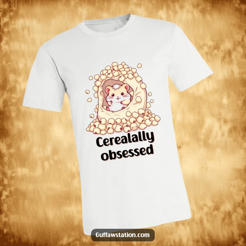 Funny hamster swimming and rolling in a giant overflowing bowl of cereal on a comfortable t-shirt.