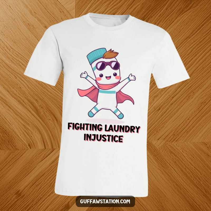 Funny t-shirt print of a single, athletic sock striking a superhero pose with determination, seeking its lost mate. Playful and bold.