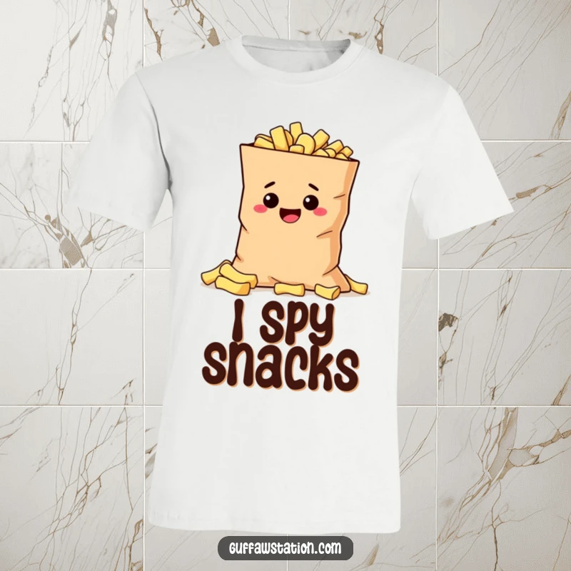 Funny mischievous potato hiding behind a giant bag of chips, printed on a funny and relatable graphic t-shirt.