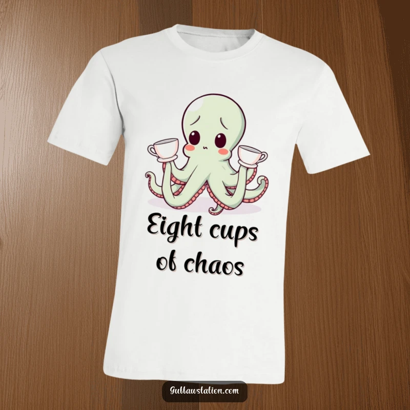 Funny octopus character looking surprised, with a teacup on each tentacle, creating a humorous funny t-shirt.