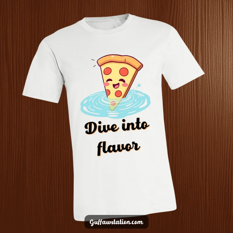 Funny pizza slice t-shirt, hilariously giggling while comically falling into a swimming pool, celebrating cheesy fun.
