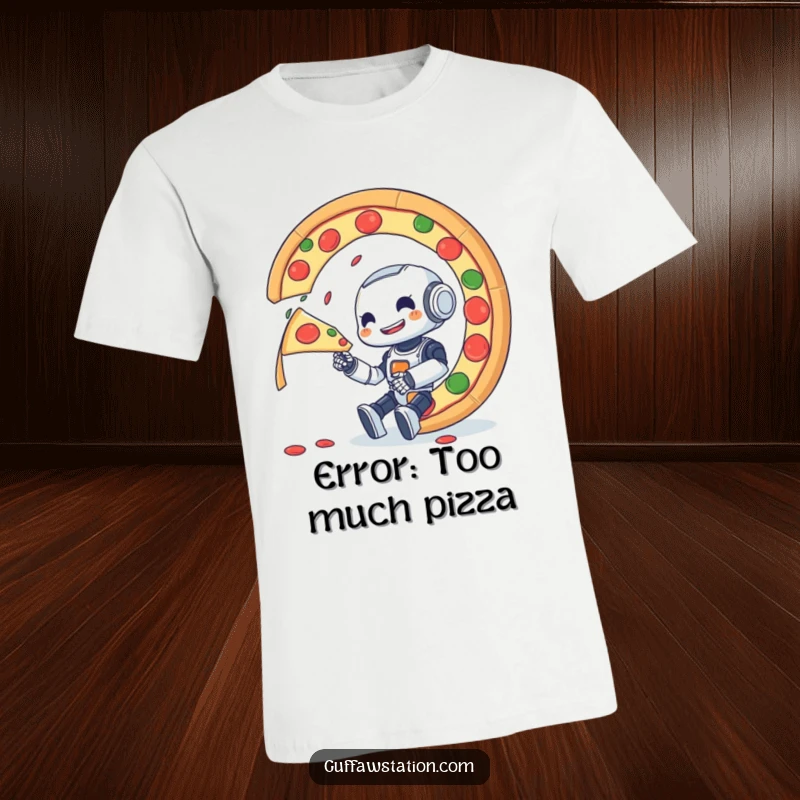 Funny t-shirt depicting a small, determined robot gleefully biting into a giant, spinning pizza slice.