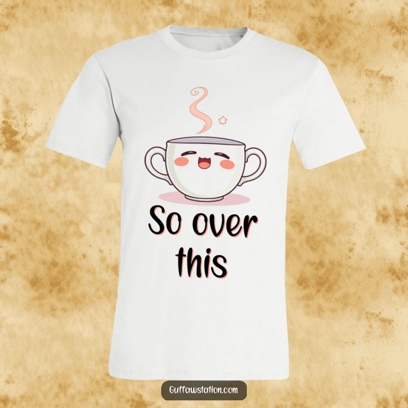 Funny t-shirt featuring a sleepy teacup yawning, its steam forming a cheerful smiley face, a humorous and cozy apparel.