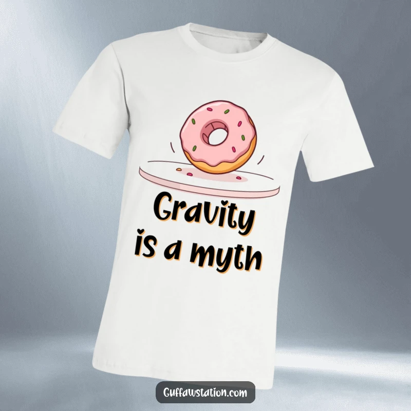 Funny donut in the process of rolling off a table in slow motion, depicted on a comfy t-shirt for humorous wear.