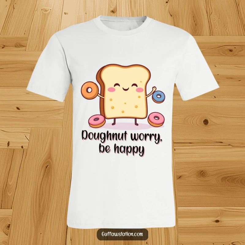 Funny t-shirt with a happy slice of toast juggling tiny donuts, embodying cheerful breakfast vibes.