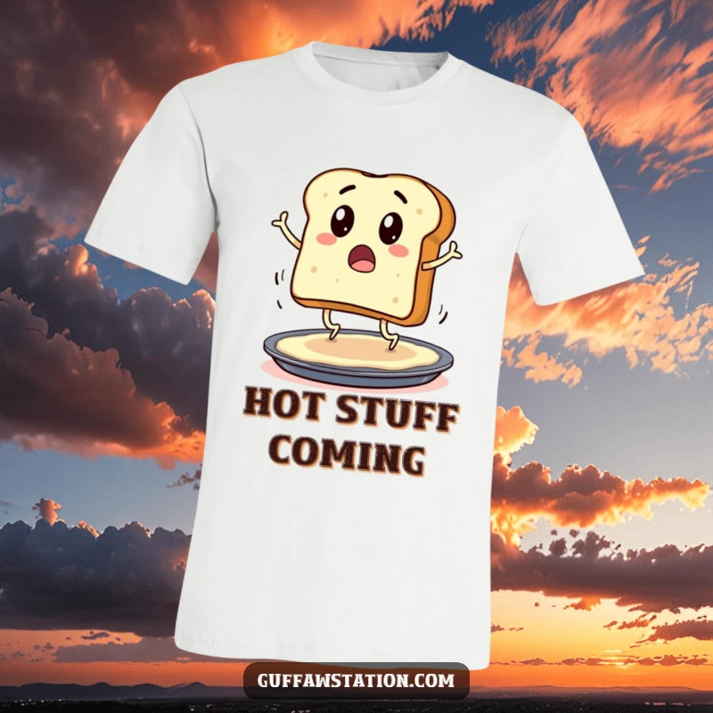 Funny t-shirt with a surprised toast character wearing legs, hopping onto a buttered pan, great for casual wear.