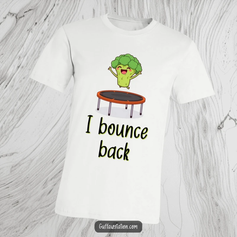 Funny t-shirt with a giggling broccoli launching itself from a trampoline into the air, perfect for fitness enthusiasts.