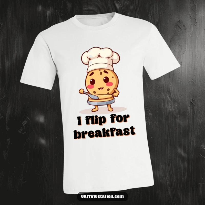 Funny cookie character in a chef hat flipping pancakes mid-air, humorous breakfast t-shirt design.