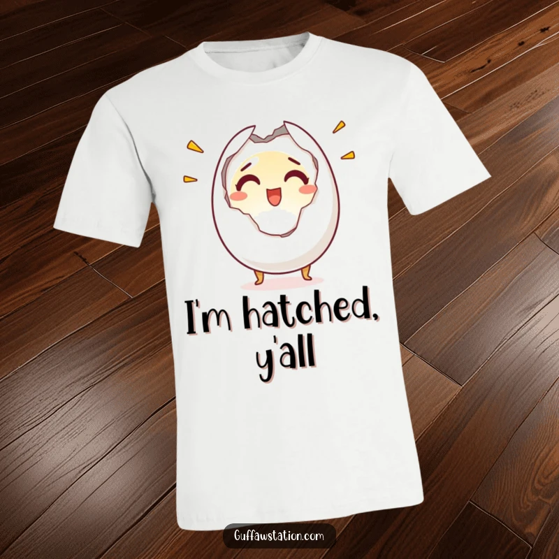 Funny t-shirt featuring a startled egg character cracking open with a shocked yet happy expression, embodying surprise and delight.