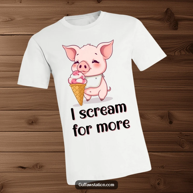 Funny Piglet T-Shirt: A bibbed piglet struggling with a giant ice cream cone, showcasing a funny, sweet moment.