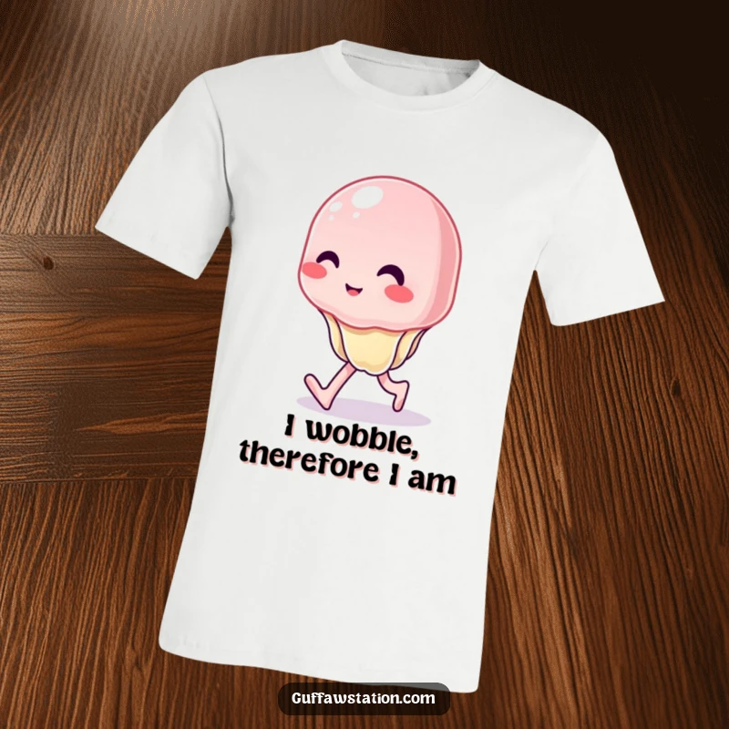 Funny t-shirt showcasing a wobbly jelly character in a hilarious, uncontrolled wiggle-walk, perfect for a funny gift.
