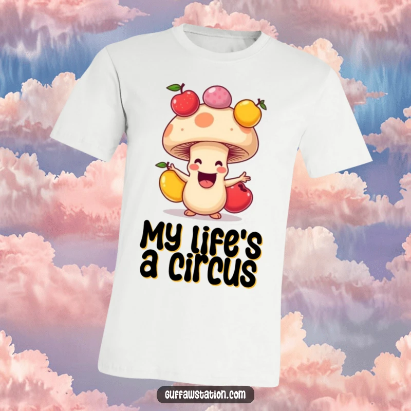 Funny t-shirt graphic of a happy mushroom with a wide grin, juggling three colorful fruits with cartoonish delight.