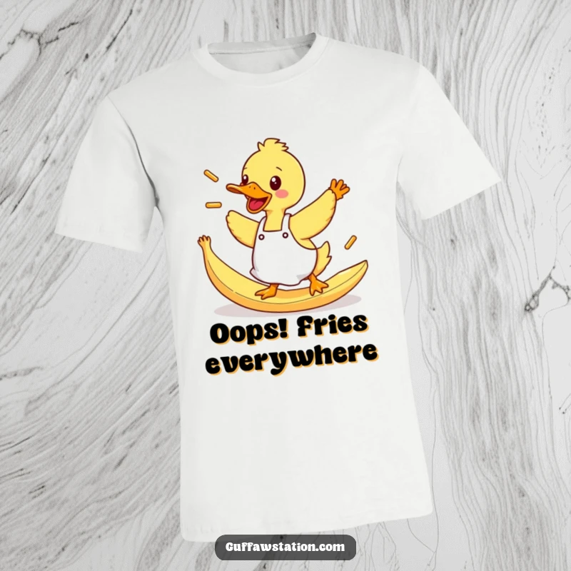 Funny Duck T-Shirt: A duck in an apron slips on a banana peel, sending fries flying in a comical mess.