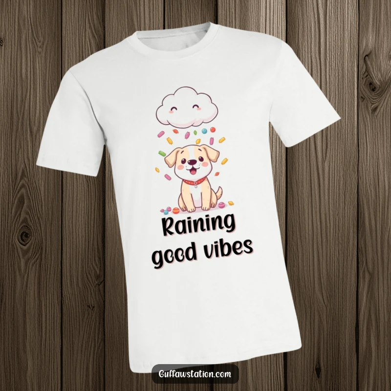 Funny t-shirt depicting a shy cloud gently raining colorful candy onto a small, surprised dog enjoying the sweet shower.