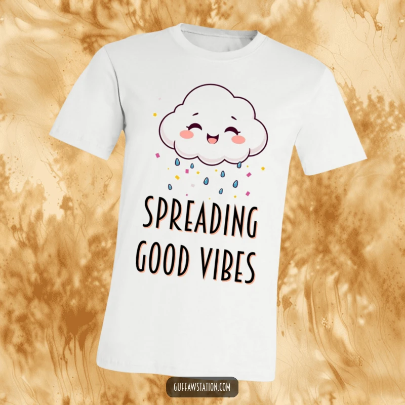 Funny, smiling cloud joyfully crying colorful confetti, a cheerful and humorous t-shirt design.
