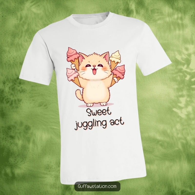 Funny Cat Ice Cream T-Shirt depicts a surprised cat juggling melting ice cream cones, a humorous and sweet scene.