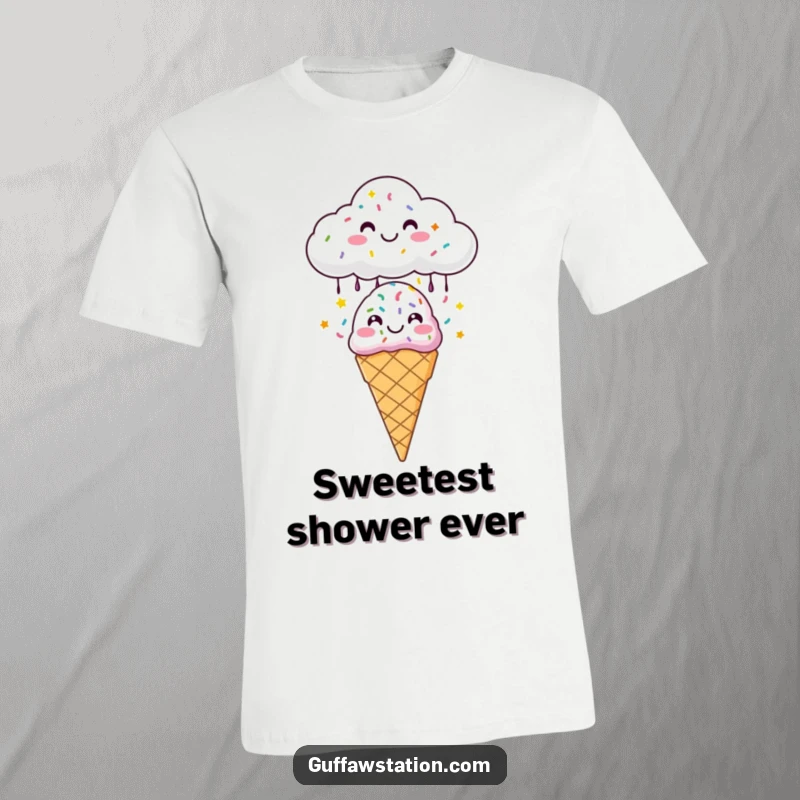 Funny t-shirt featuring a cheerful cloud raining sprinkles onto a happy ice cream cone, symbolizing sweet joy and fun.