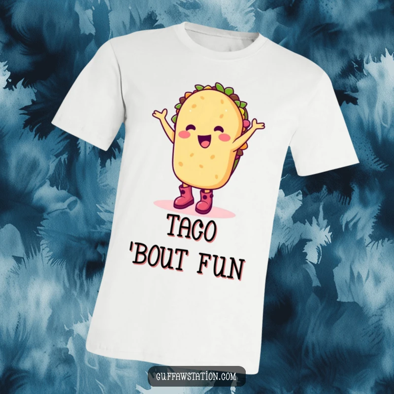 Funny t-shirt with a happy taco character wearing boots and dancing silly, great for parties and casual wear.