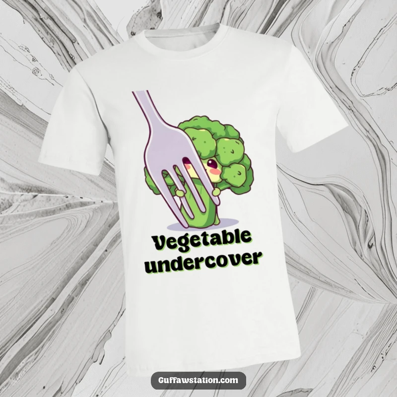 Funny t-shirt featuring a shy broccoli floret character peeking cautiously from behind a giant fork, a humorous and relatable scene.