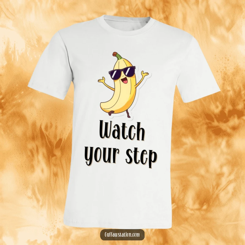 Funny mischievous banana peel character in sunglasses performing a sneaky trick on a soft cotton t-shirt.