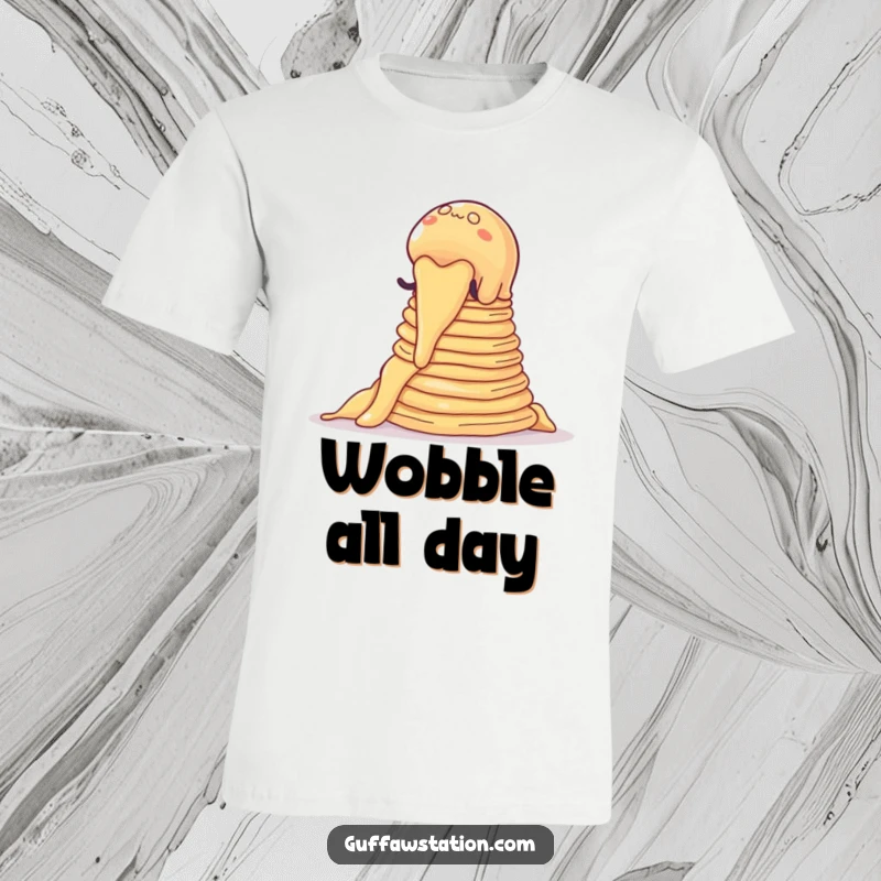 Funny t-shirt graphic of a wobbly jelly blob climbing a mountain of pancakes, a humorous cartoon adventure.