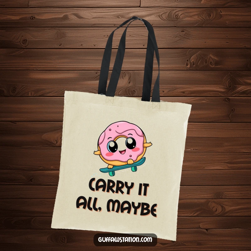 Funny donut with big eyes on a skateboard, riding downhill with a cheerful expression, perfect for stylish and humorous grocery shopping.