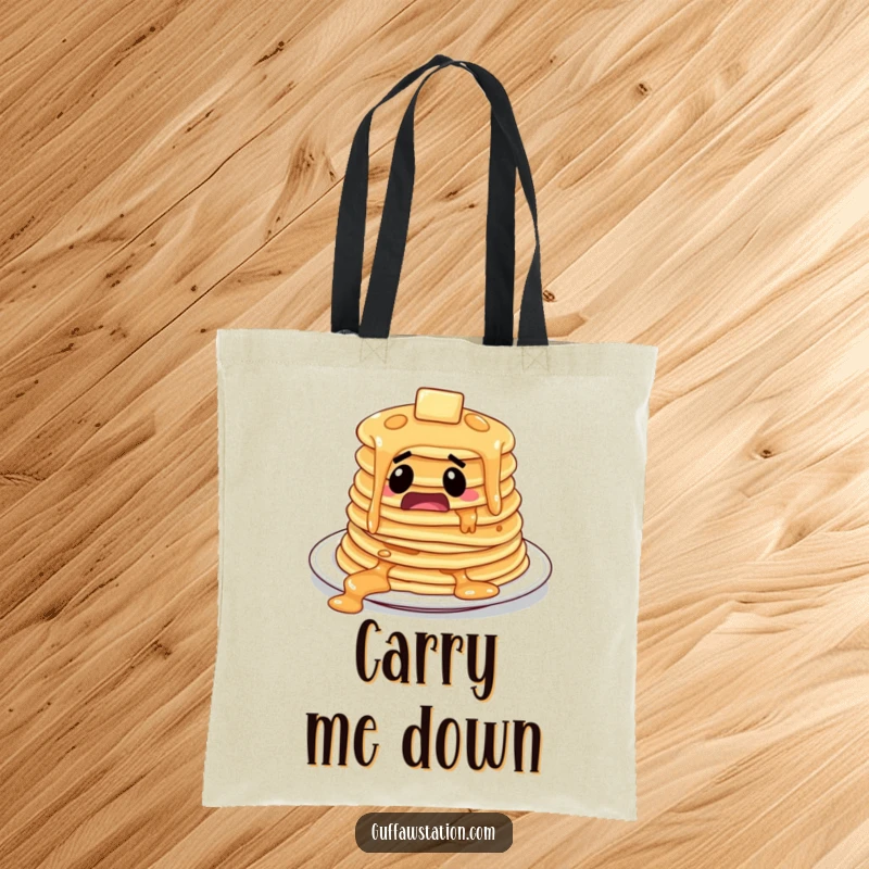 Funny pile of pancakes comically sliding off a plate, on a durable and funny tote bag.