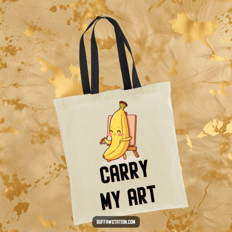 Funny banana tote bag featuring a blushing banana painting its self-portrait with its peel, a stylish and humorous carry-all.