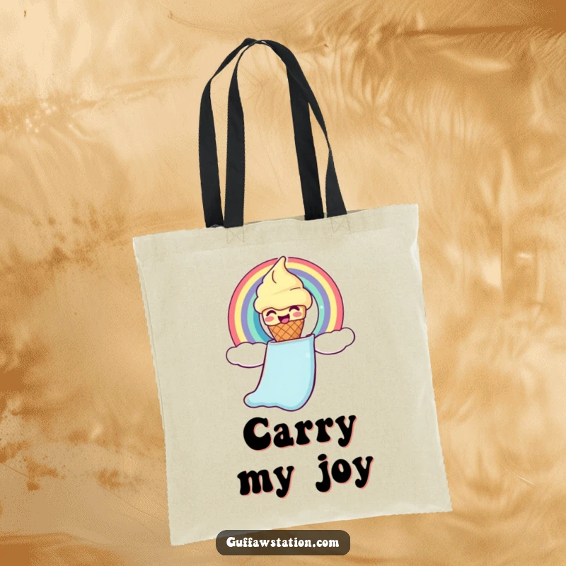 Funny ice cream tote bag featuring a giggling cone sliding down a rainbow chute, a humorous and practical accessory.