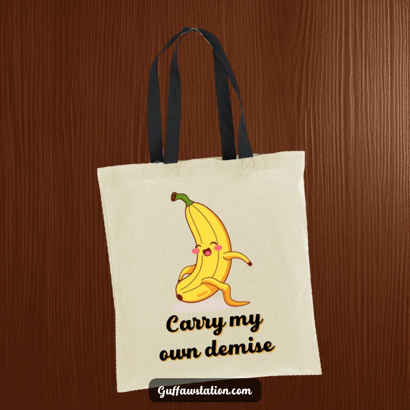 Funny tote bag depicting a giggling banana spectacularly slipping on a banana peel with over-the-top, exaggerated body language and a comical expression.