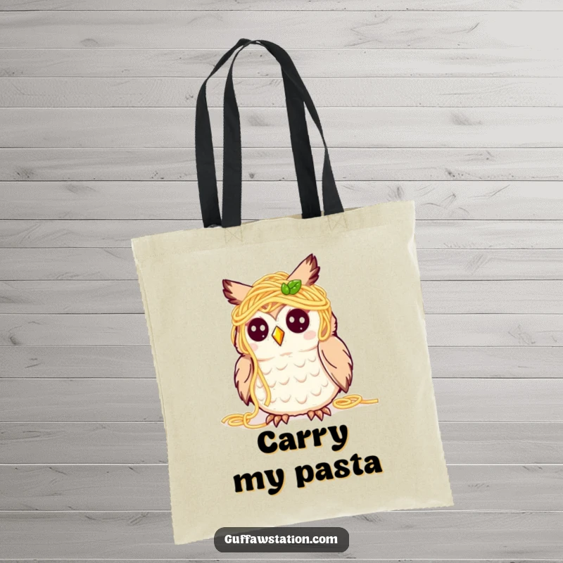 Funny tote bag showcasing a cute owl covered in spaghetti, looking bewildered but happy, perfect for carrying groceries with a humorous touch.