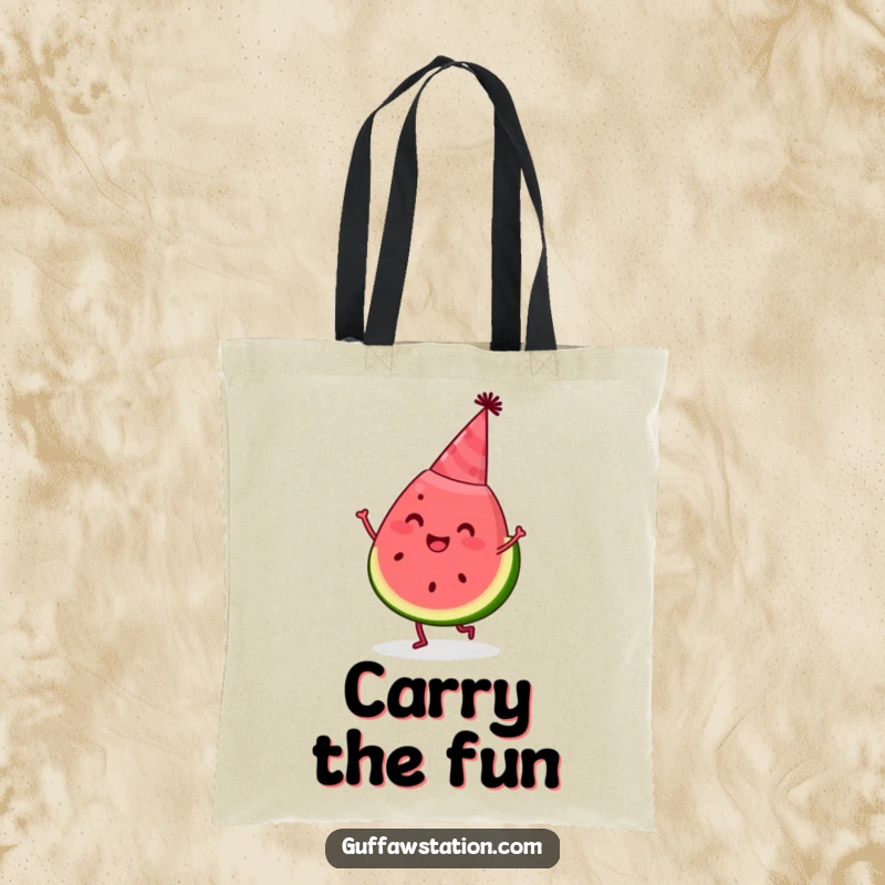 Funny watermelon tote bag featuring a happy slice wearing a party hat and dancing, a humorous and practical accessory.