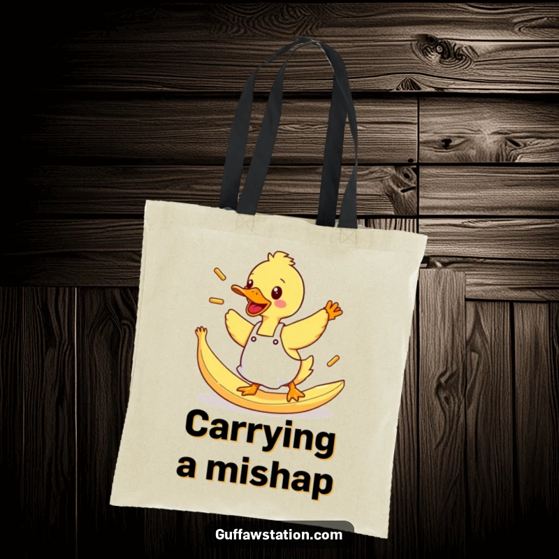 Funny Duck Tote Bag: A duck in an apron tripping on a banana peel, flinging fries, ready for errands.