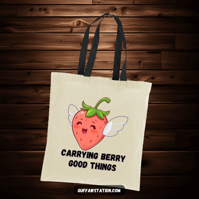 Funny tote bag with a delighted strawberry sporting tiny wings, attempting to fly, perfect for everyday use.