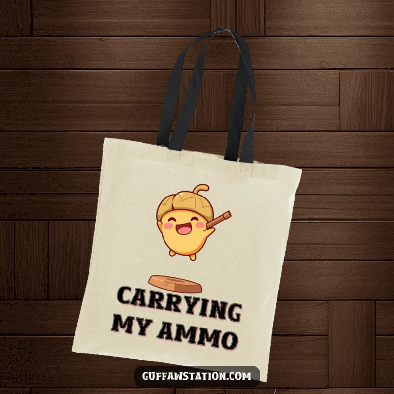 Funny tote bag featuring a determined acorn launching from a slingshot, symbolizing energy and forward momentum for everyday tasks.