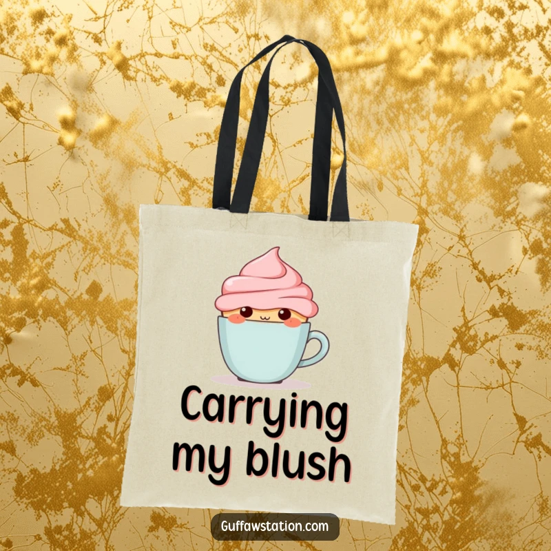 Funny blushing cupcake hiding behind a tiny coffee cup, featured on a durable and humorous tote bag.