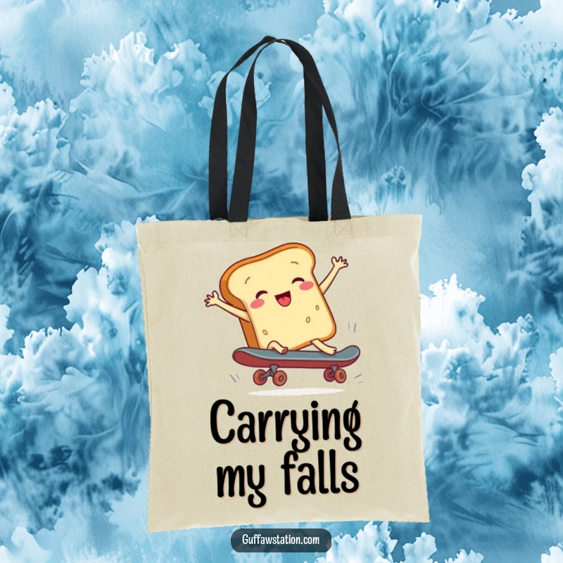 Funny tote bag showing a bread loaf tumbling off a skateboard, a comical cartoon depiction of a skateboarding mishap.