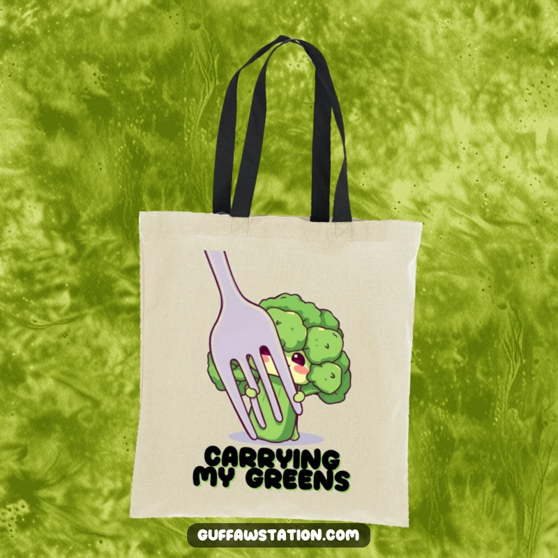 Funny tote bag with a shy broccoli floret character peeking from behind a giant fork, a charming and humorous accessory.