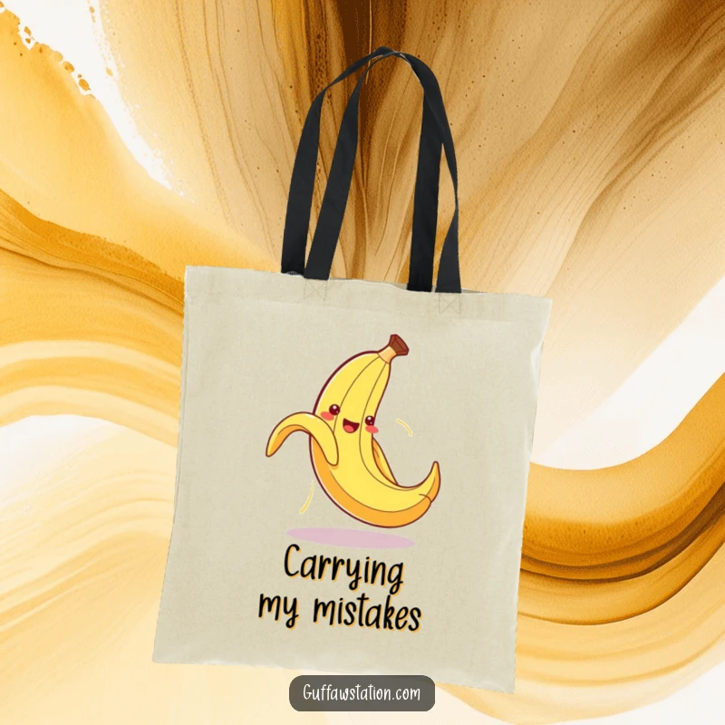 Funny tote bag showing a cute banana peel comically slipping on its own discarded peel with exaggerated flailing.