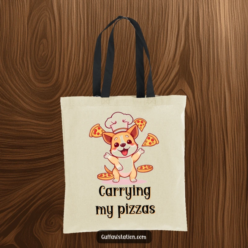 Funny dog entrepreneur chef juggling flying pizzas on a durable tote bag, showcasing a humorous and functional design.