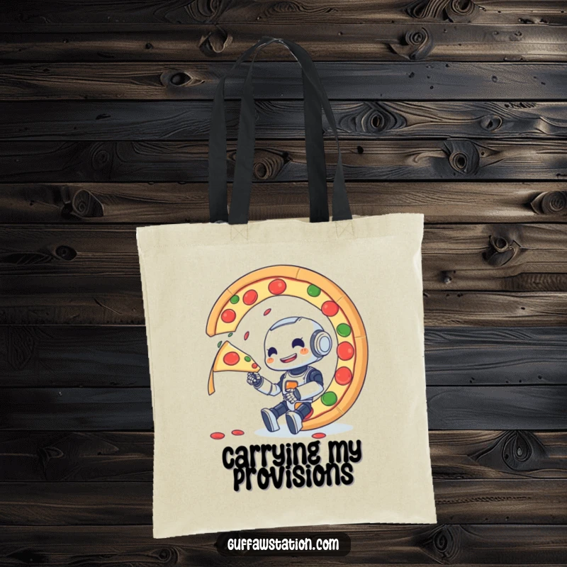 Funny tote bag illustrating a small robot's valiant effort to consume a massive, spinning pizza, full of delicious chaos.