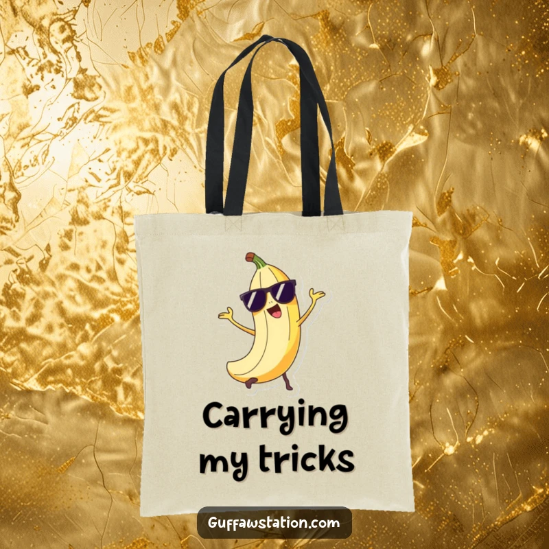 Funny mischievous banana peel character in sunglasses performing a sneaky trick on a durable tote bag.