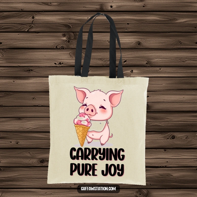 Funny Piglet Tote Bag: A bibbed piglet attempting to eat a massive ice cream cone, ready for grocery runs.