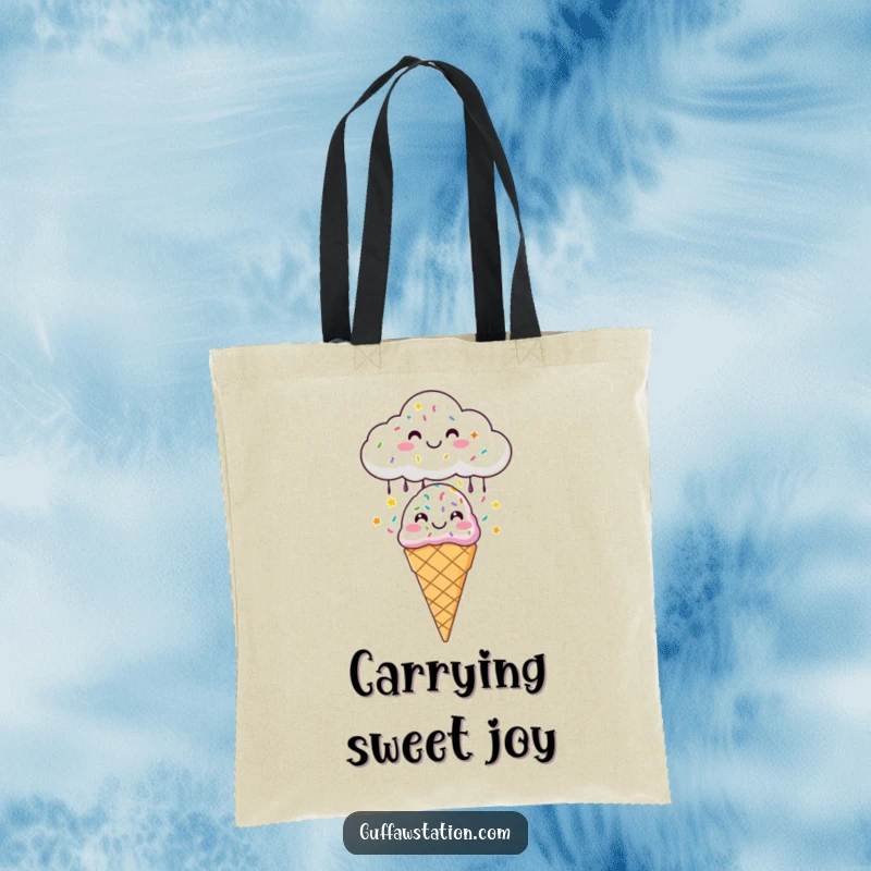 Funny tote bag with a happy cloud raining sprinkles onto an ice cream cone, a sweet and humorous accessory.