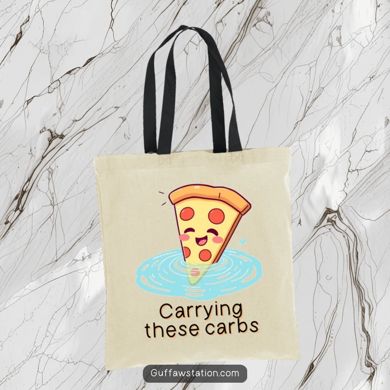 Funny pizza slice tote bag, comically giggling as it dives into a swimming pool, making errands a delight.