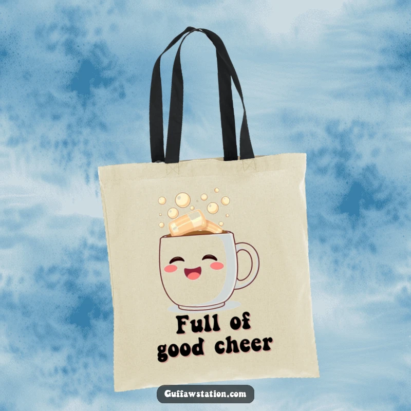 Funny tote bag with a happy coffee cup overflowing with steaming, bubbly laughter, perfect for everyday use.