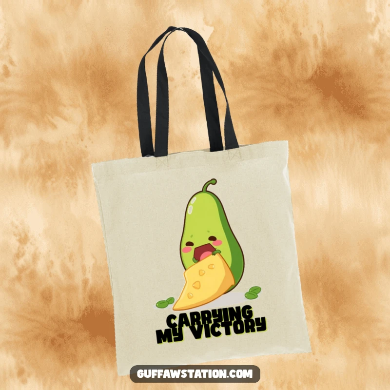 Funny tote bag with a determined avocado attempting to climb a giant tortilla chip, a humorous and practical foodie accessory.
