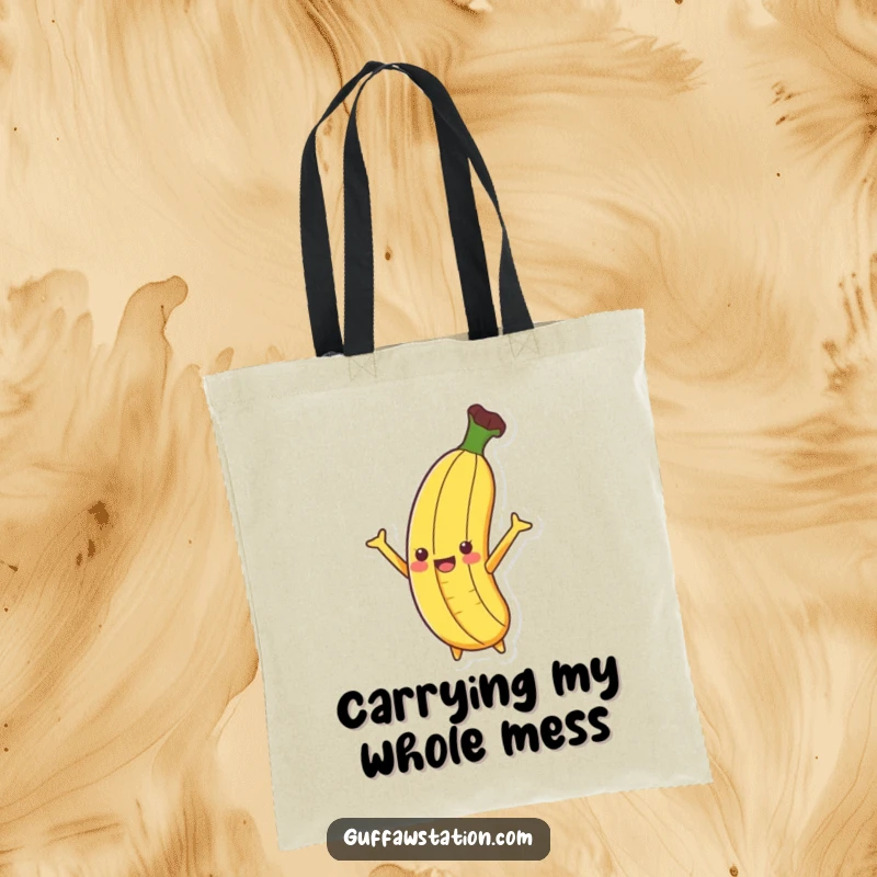 Funny Banana Slip Tote Bag showing a banana dramatically slipping on a peel with arms flailing, perfect for shopping or a day out.