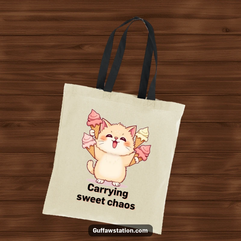Funny Cat Ice Cream Tote Bag features a surprised cat juggling melting ice cream cones, perfect for carrying sweet treasures.