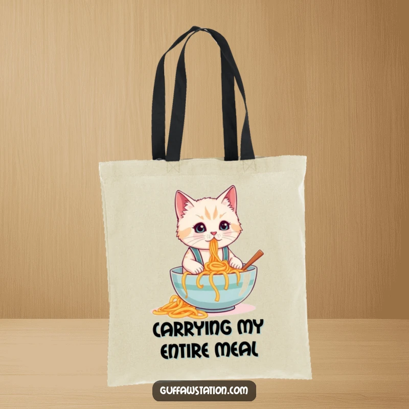Funny tote bag showcasing a cat in tiny suspenders spilling a giant bowl of spaghetti, great for shopping and groceries.